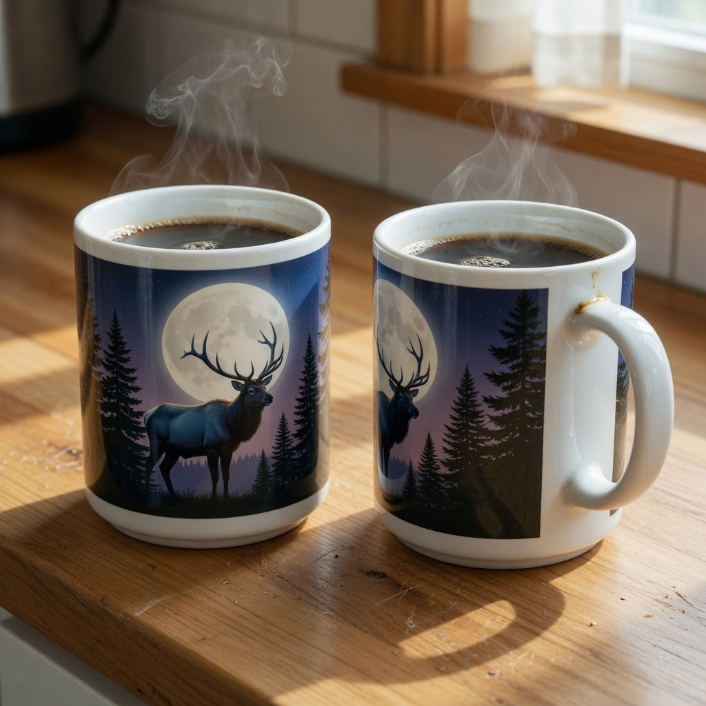 Elk moon coffee mug comparison showing artwork wrap and handle placement on two wildlife mugs