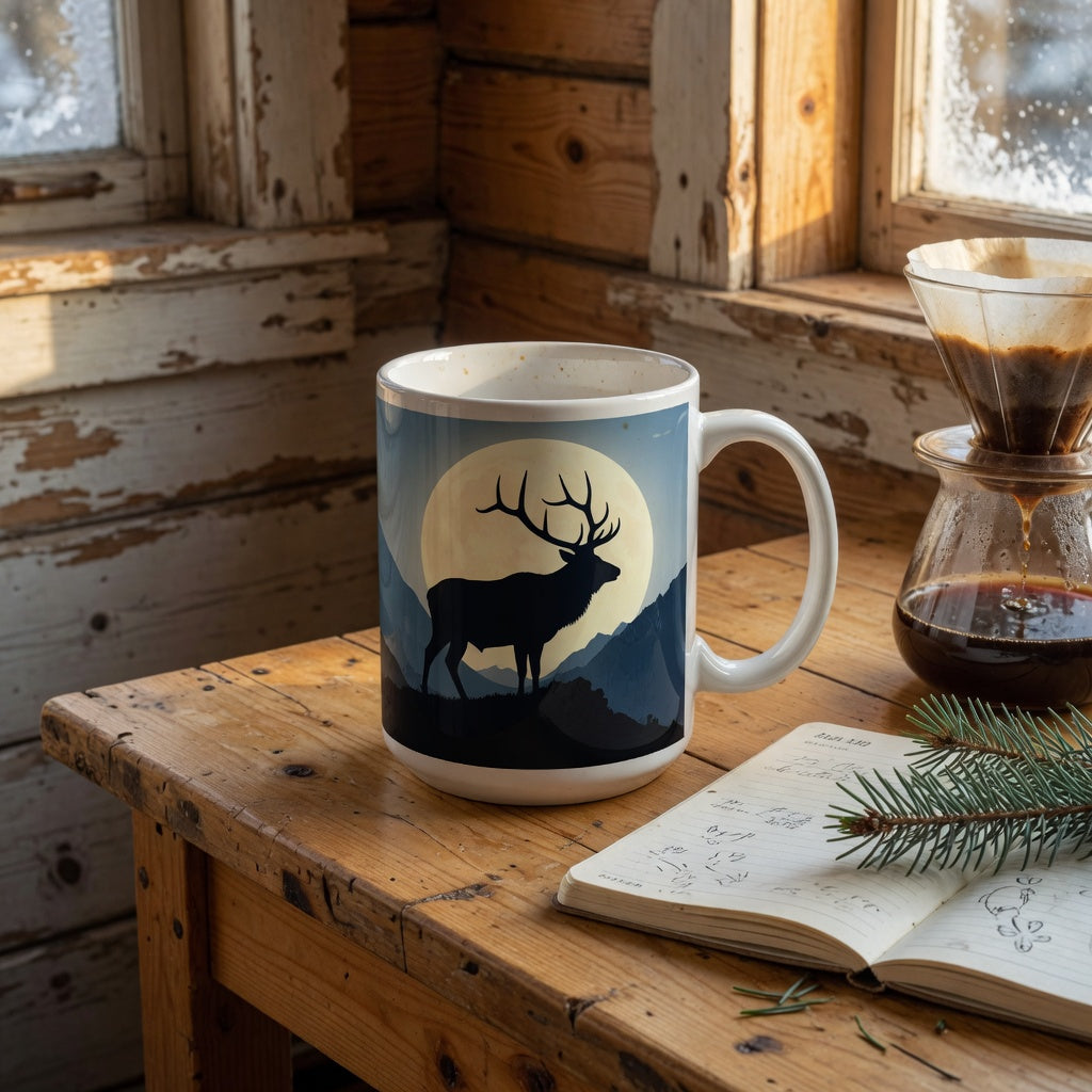 elk moon gift mug with a bull elk silhouette and full moon artwork on a cabin kitchen table