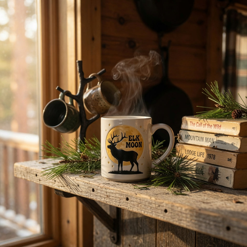 Elk moon mug home decor gift styled on a rustic wooden shelf beside pine sprigs in warm cabin morning light