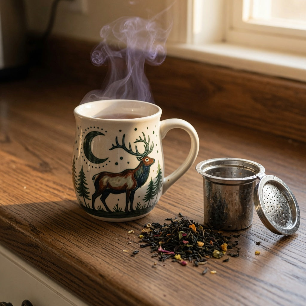 Ceramic elk tea cup with an elk and moon design beside a loose-leaf tea infuser on a wooden counter.