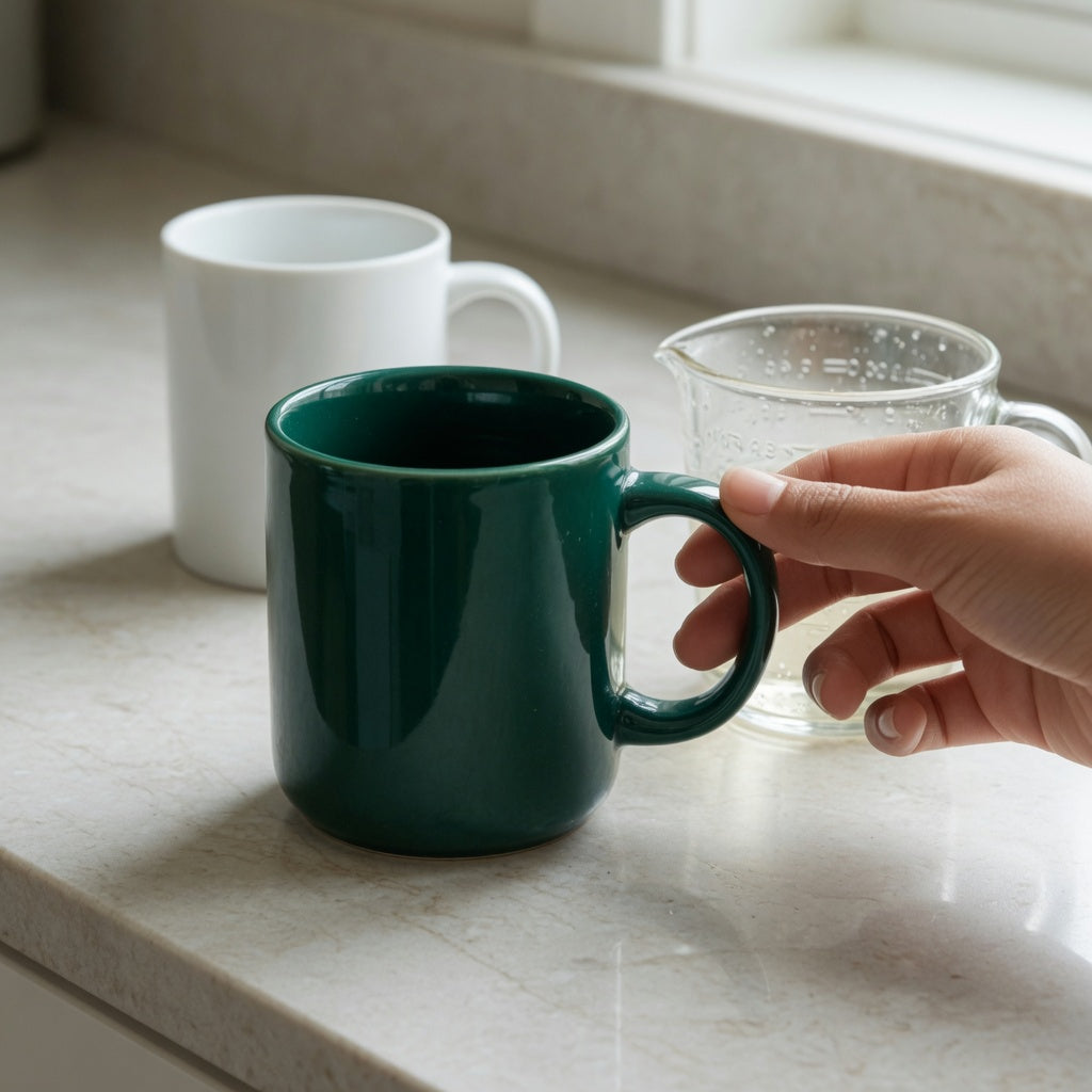 Emerald ceramic coffee mug beside a measuring cup as a shopper checks handle clearance