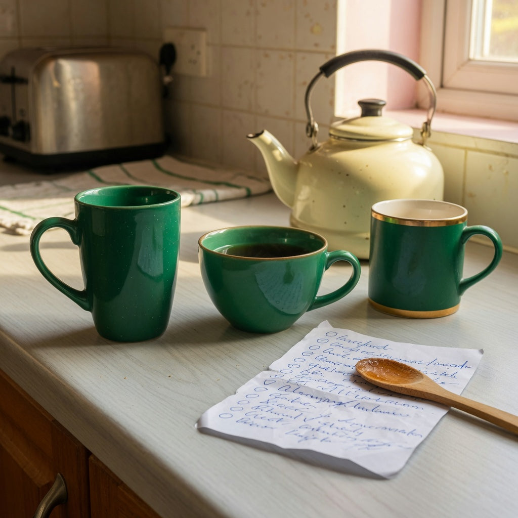Emerald ceramic coffee tea mug comparison on a kitchen counter with a tall open cup and a wider tea mug
