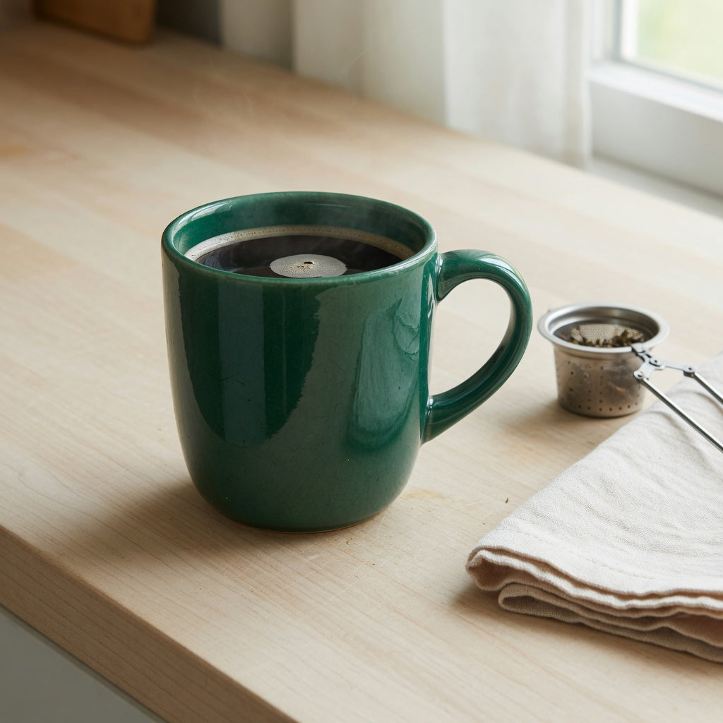 Emerald ceramic coffee tea mug on a kitchen counter beside a tea infuser