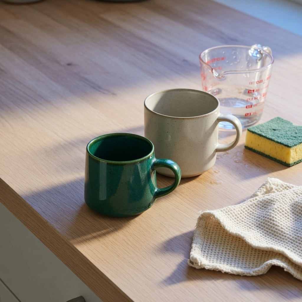 Emerald coffee tea mug buying checklist with a compact green ceramic mug, measuring cup, care sponge, and larger mug for scale