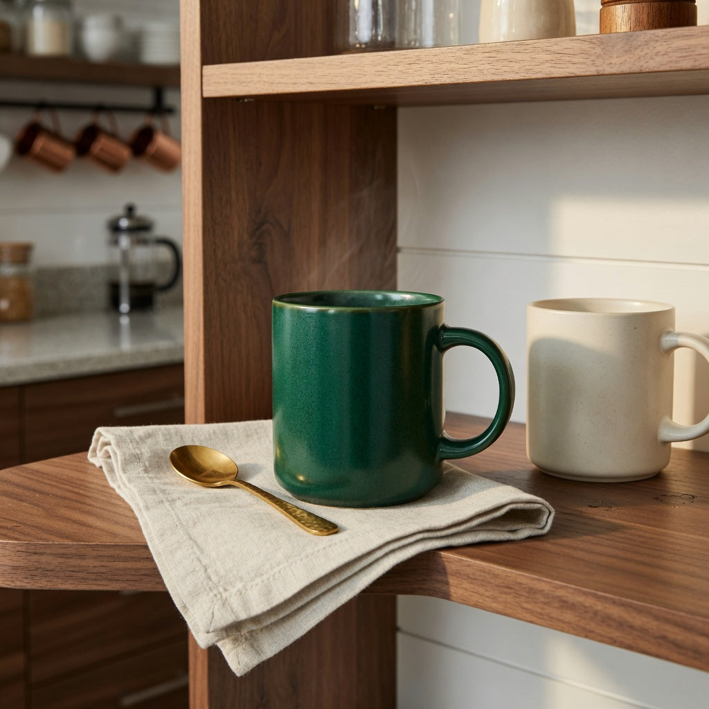 An emerald coffee tea mug for coffee lovers home decor on a walnut coffee bar shelf