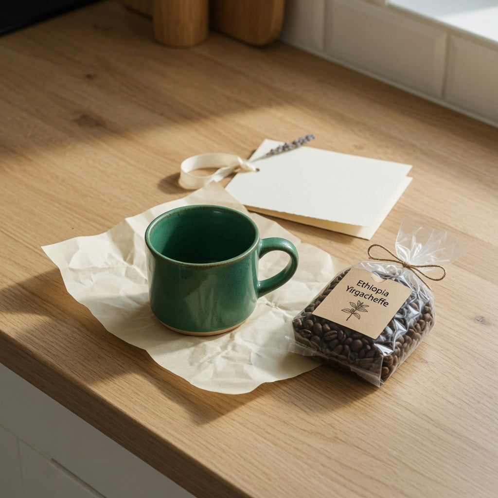 Emerald coffee tea mug gift ideas shown with a small ceramic mug and simple gift wrapping