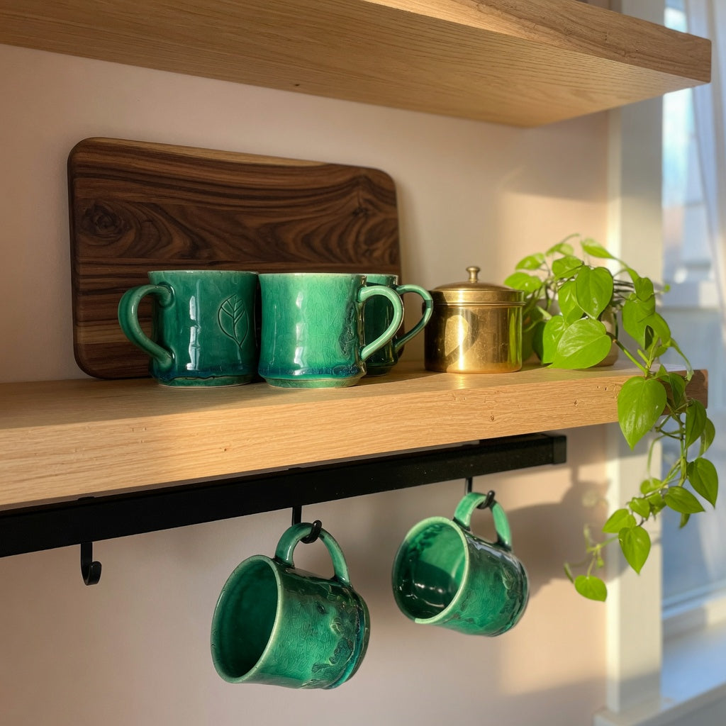 Emerald green coffee cup shelf styling on white oak shelves with a brass canister and matte black under-shelf mug hooks