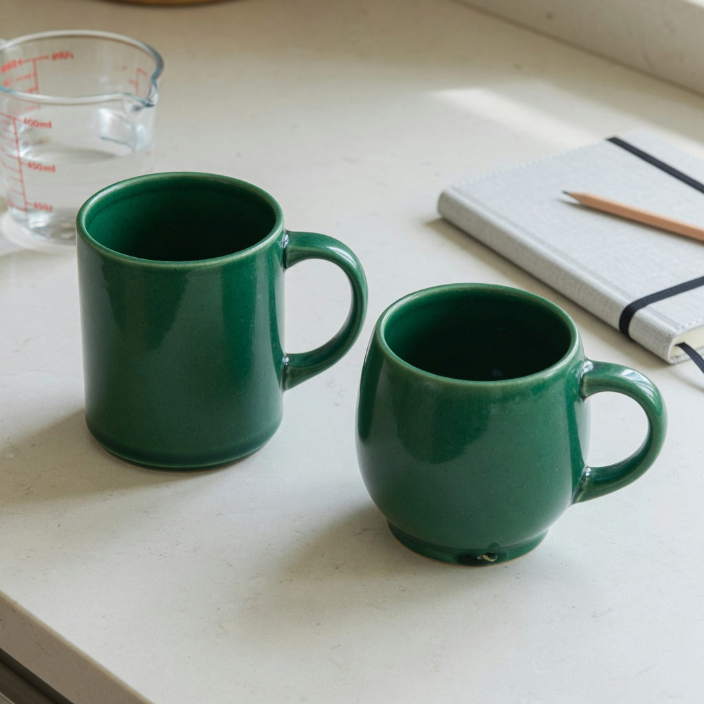 Emerald green coffee mug current product facts comparing a straight 400 ml mug and rounded 350 ml mug