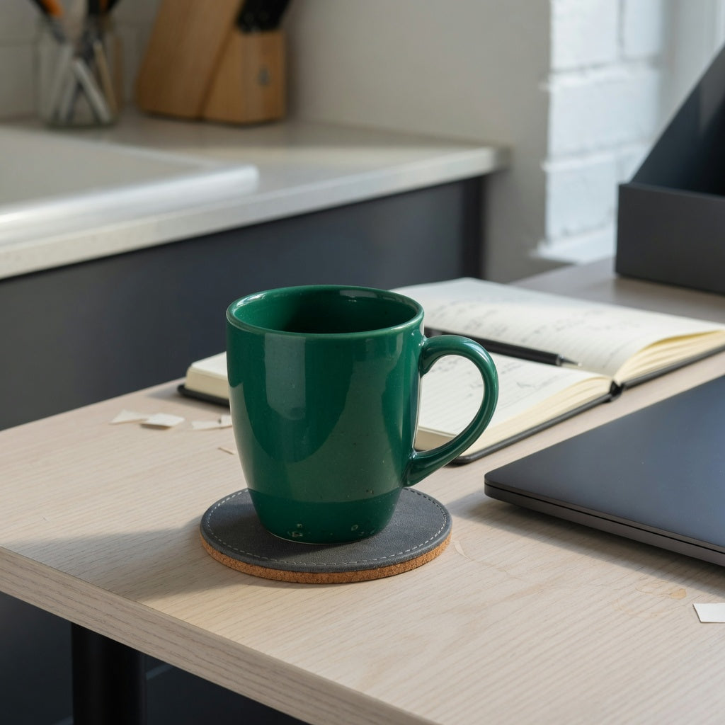 Desk setup for an emerald green coffee mug daily use guide, with the mug body and side handle clearly visible beside a coaster