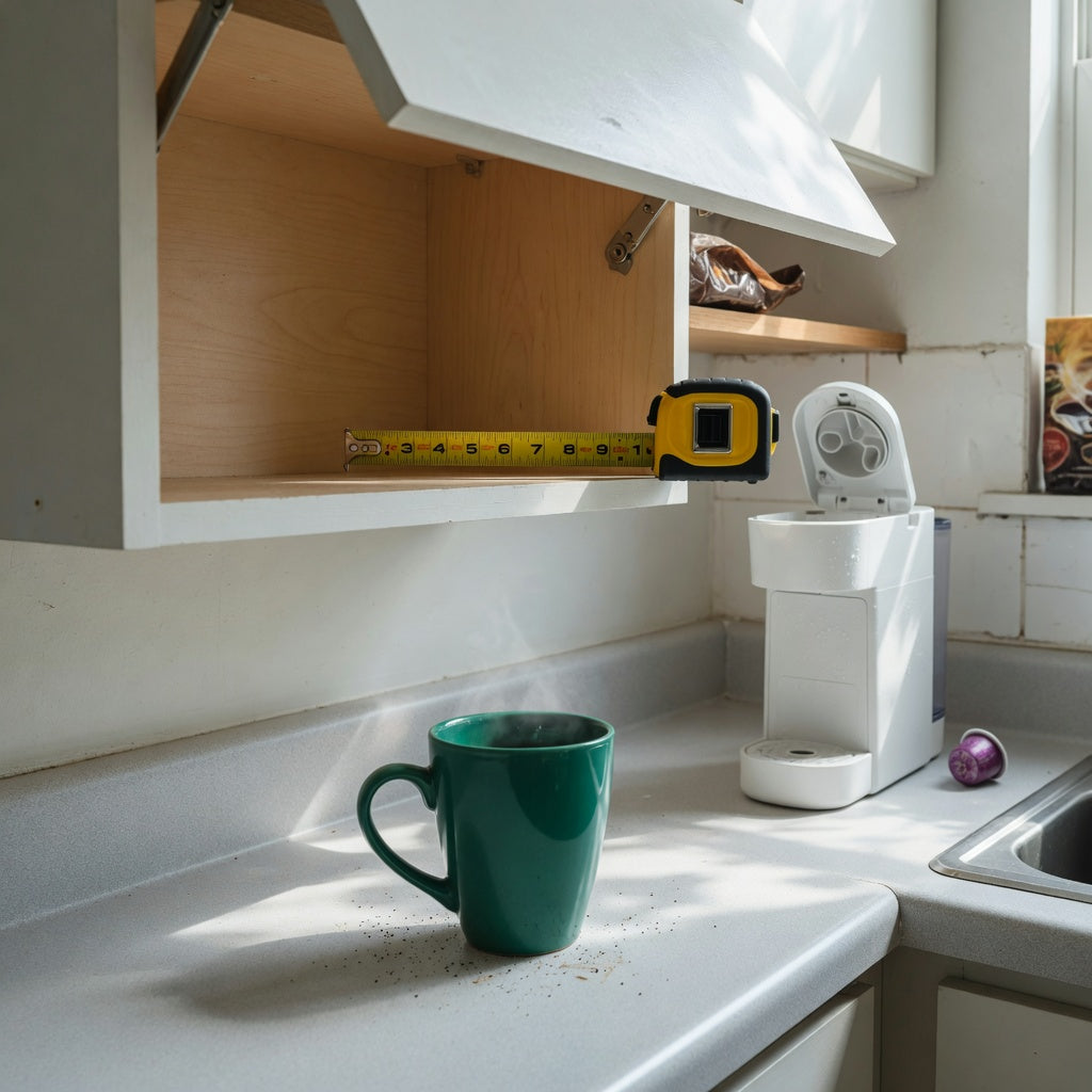 emerald green coffee mug compact kitchen practical purchase checklist beside an open cabinet and tape measure