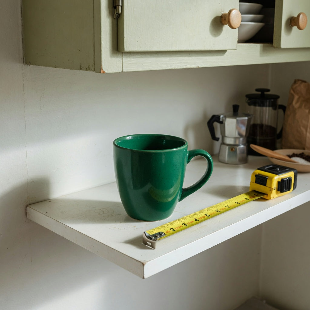emerald green coffee mug compact kitchen product shortlist guide with a mug being measured on a shallow shelf below low cabinets