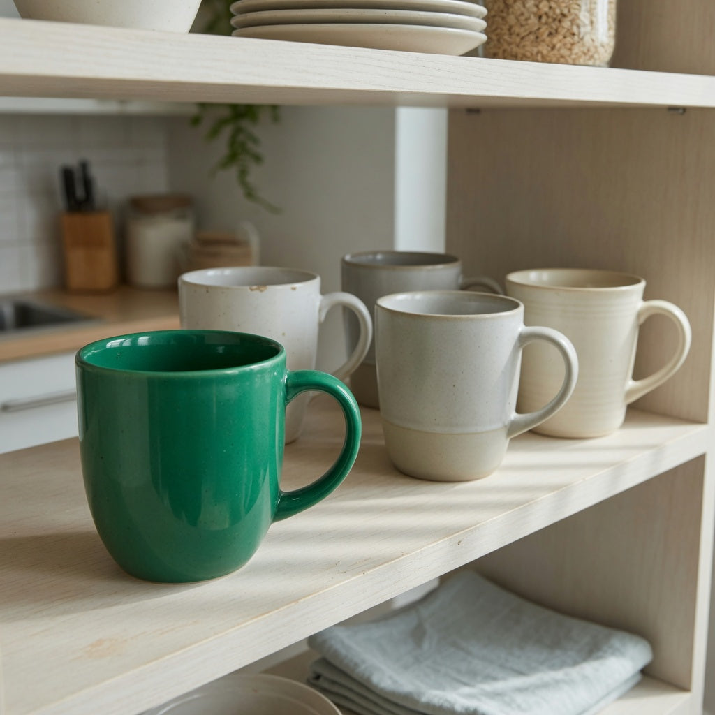 emerald green coffee mug everyday mug rotation practical purchase checklist shown with a small rotation on an open kitchen shelf