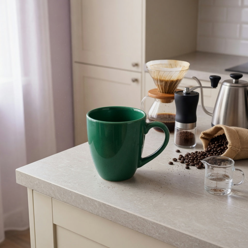 Emerald green coffee mug home coffee station practical purchase checklist beside a grinder and kettle on a kitchen counter