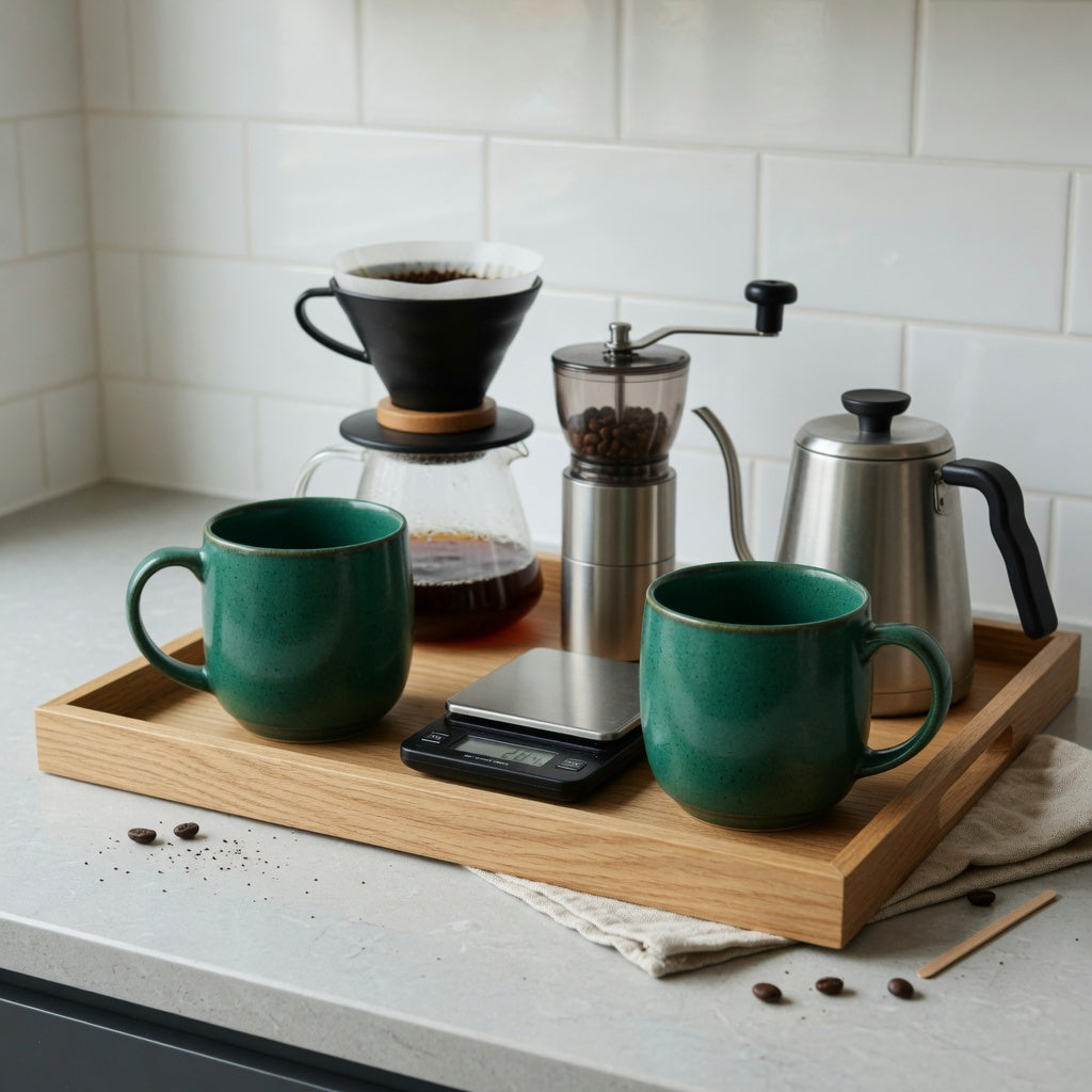 Emerald green coffee mug home coffee station product shortlist guide scene with upright and rounded green mugs beside pour-over equipment