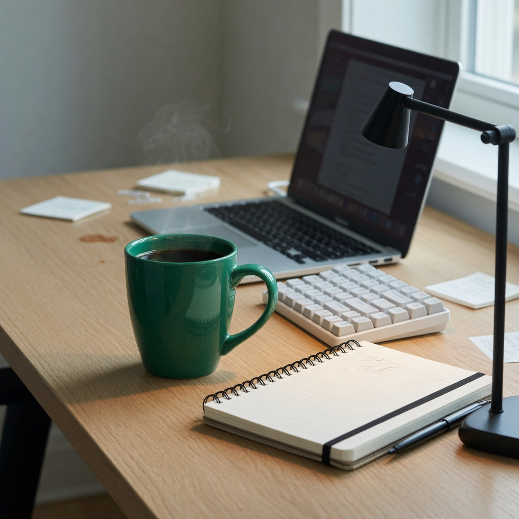 Emerald green coffee mug home office practical purchase checklist scene beside a laptop, keyboard, and notebook