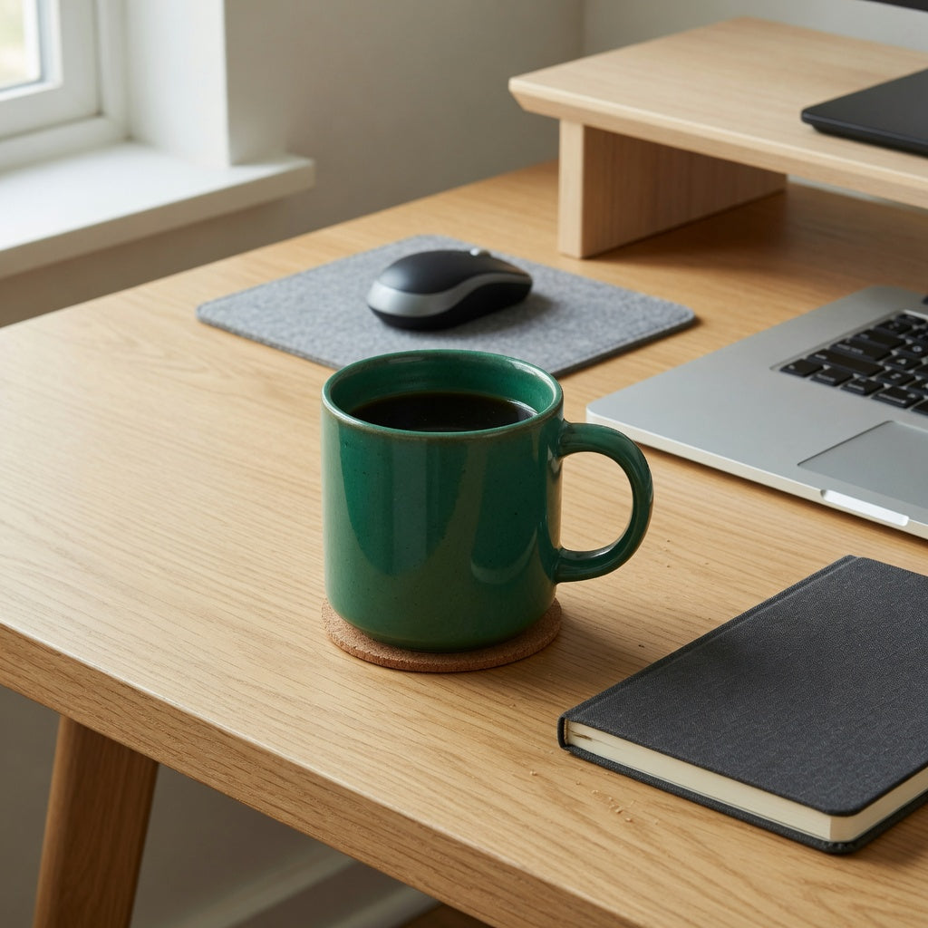 Emerald green coffee mug home office product shortlist guide with a ceramic mug beside a laptop, notebook, and monitor stand