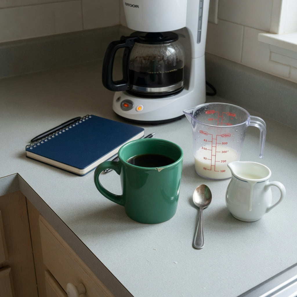 Scene illustrating the emerald green coffee mug morning routine practical purchase checklist with a measuring cup and office notebook
