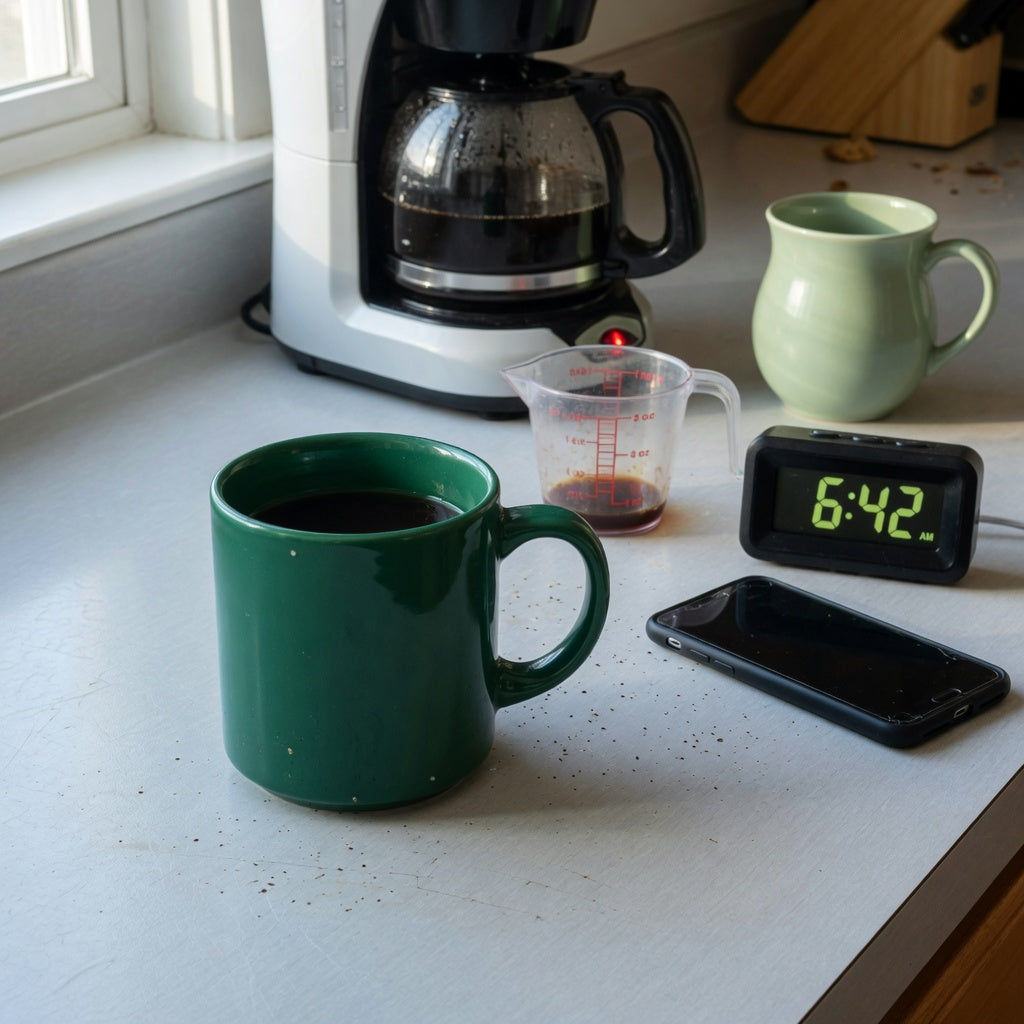 Emerald green coffee mug morning routine product shortlist guide scene with a fresh pour on a kitchen counter