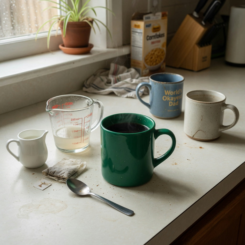 Emerald green coffee mug shared household practical purchase checklist setup with a measuring jug and tea items on a kitchen counter
