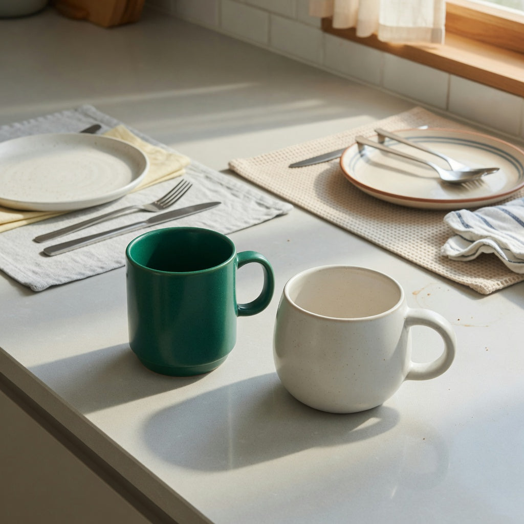 Emerald green coffee mug shared household product shortlist guide showing upright oval-handle and round C-handle mugs in a shared kitchen