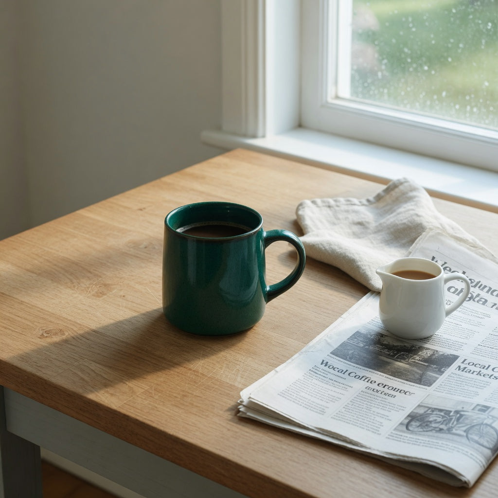 Emerald green coffee mug weekend coffee practical purchase checklist scene on a wooden weekend breakfast table
