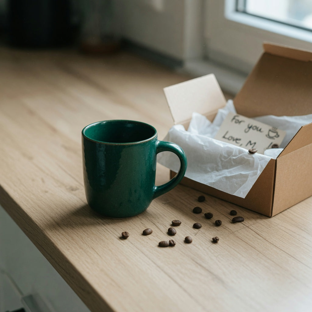 Emerald green coffee mug gift beside a kraft gift box and tissue paper on a kitchen counter