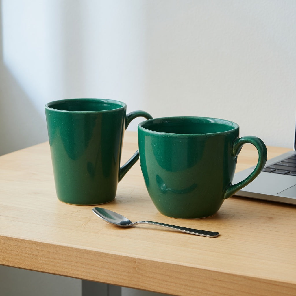 Two ceramic mugs for the emerald green coffee mug shape and handle guide, showing an upright 12 oz form and a rounded 14 oz form