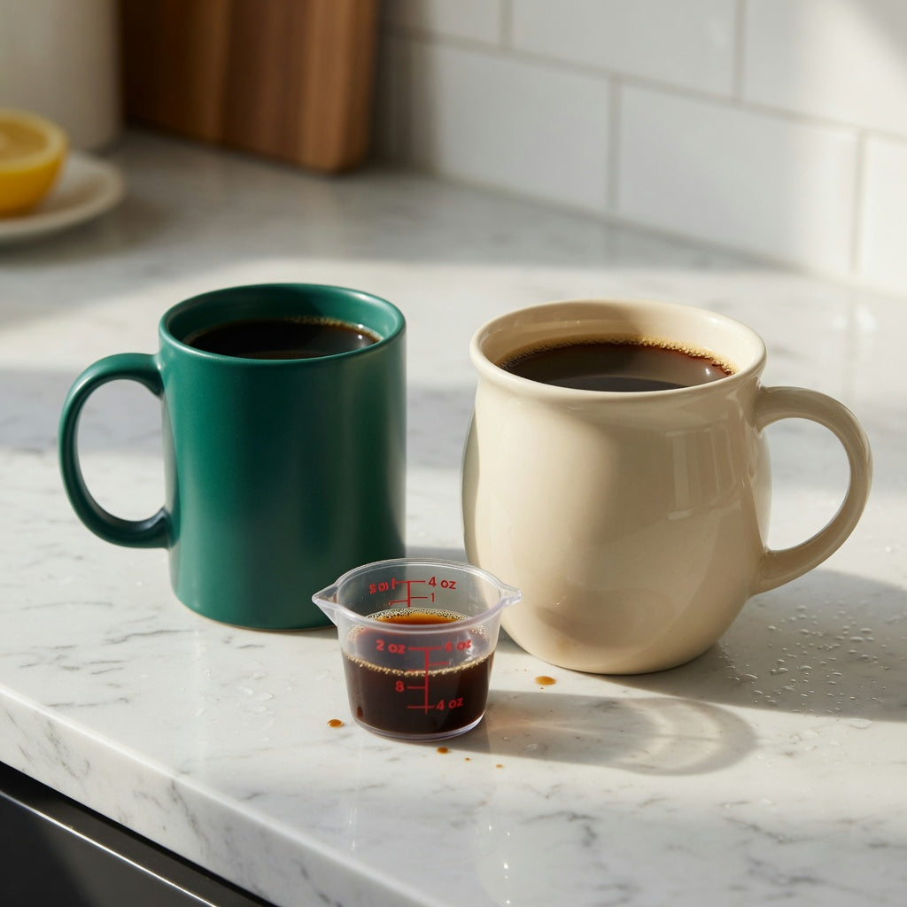 Emerald green coffee mug size decision guide with a straight 12 oz mug beside a rounded 16 oz mug