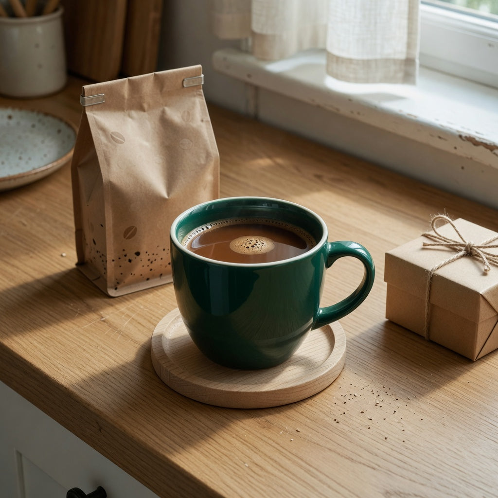 An emerald mug gift for coffee lovers beside a kraft gift box and sealed coffee on a kitchen counter