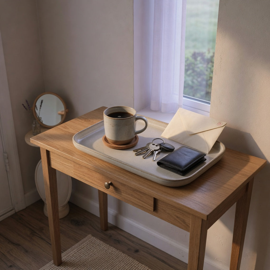 Entryway coffee mug tray on a narrow console with a mug, keys, wallet, and daily mail