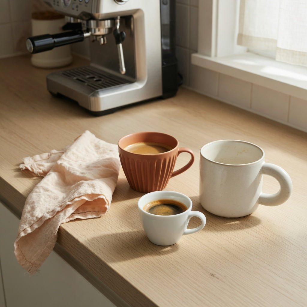Espresso cup vs coffee mug size comparison with a small demitasse and larger ceramic cups