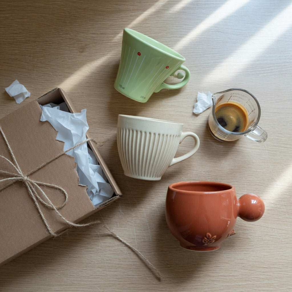 Compact espresso cups for gifting in three sizes — 170 ml, 200 ml and 250 ml — arranged on a kitchen counter next to gift wrapping