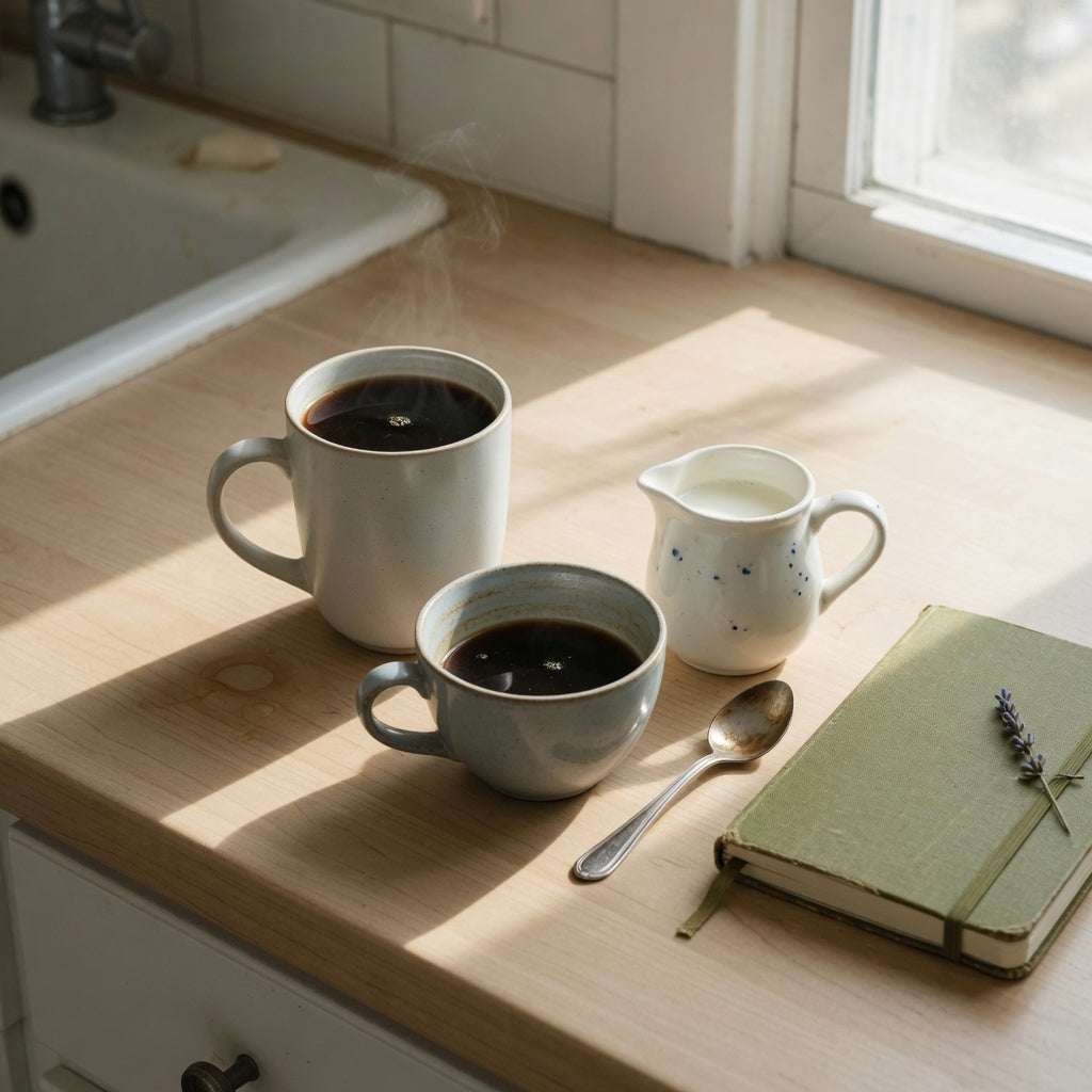 Everyday ceramic mug 350 ml beside a shorter cup on a kitchen counter for a daily pour comparison