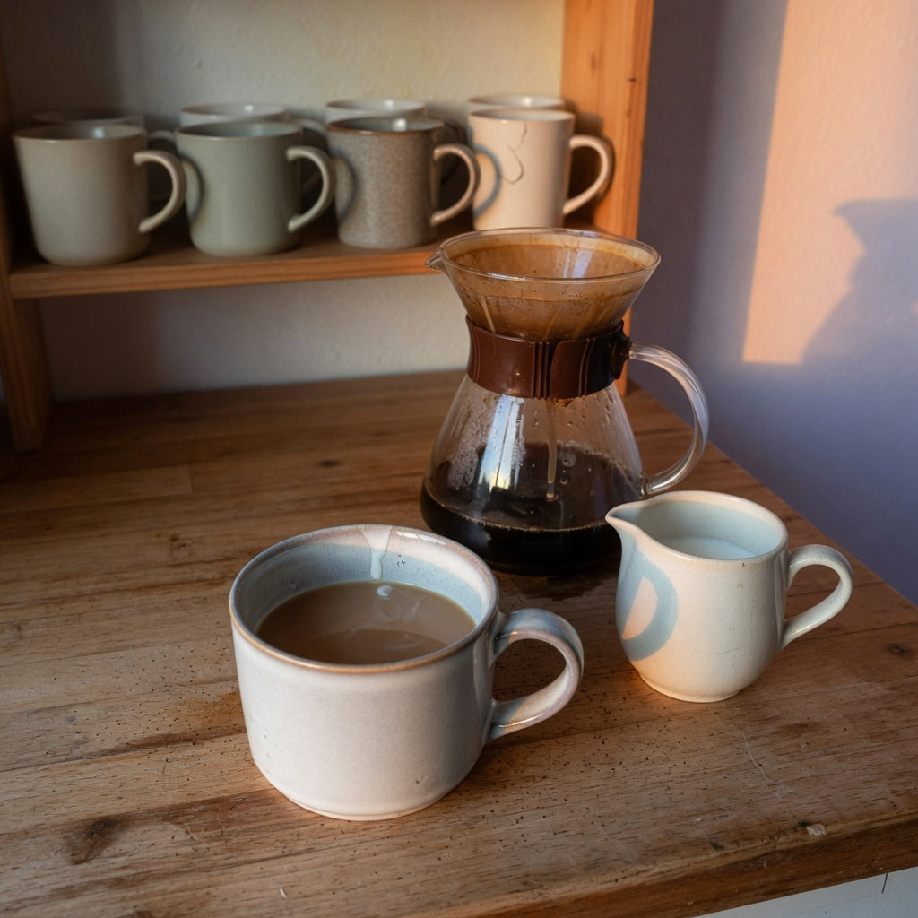 Glazed ceramic mug with coffee and milk on a kitchen counter during an everyday ceramic mug morning routine