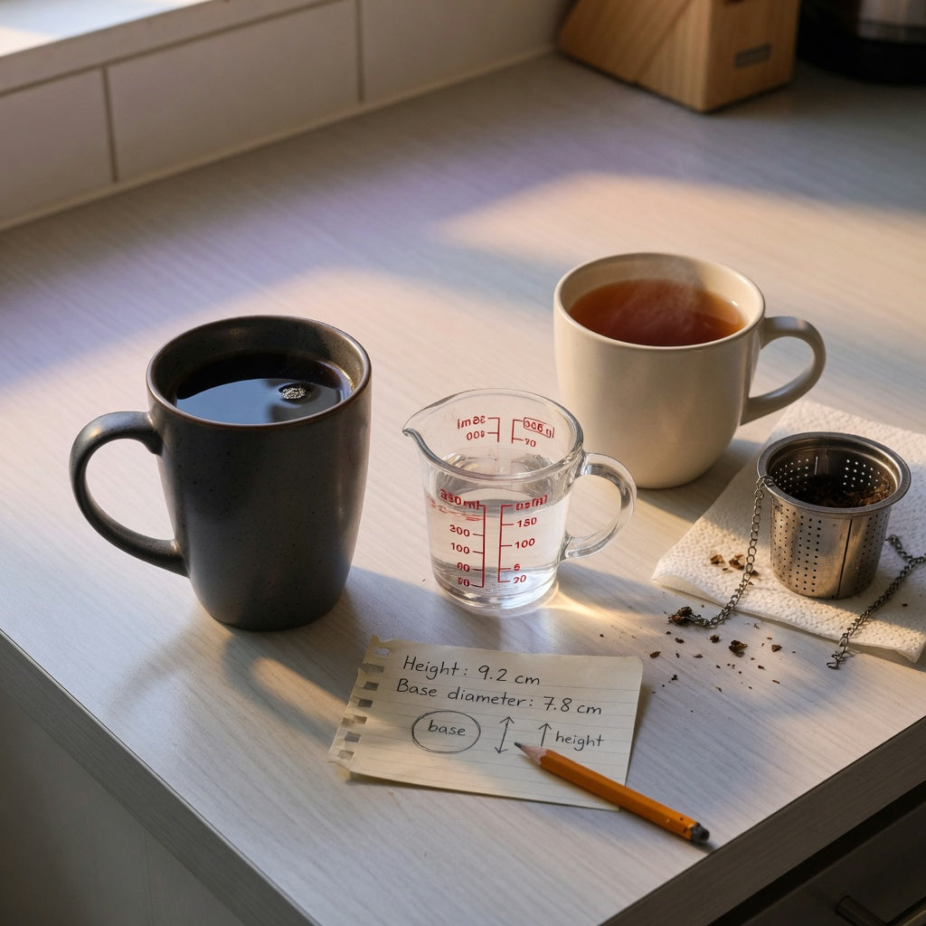 Everyday coffee tea mug 350 ml on a kitchen counter beside a tea infuser and a measuring jug