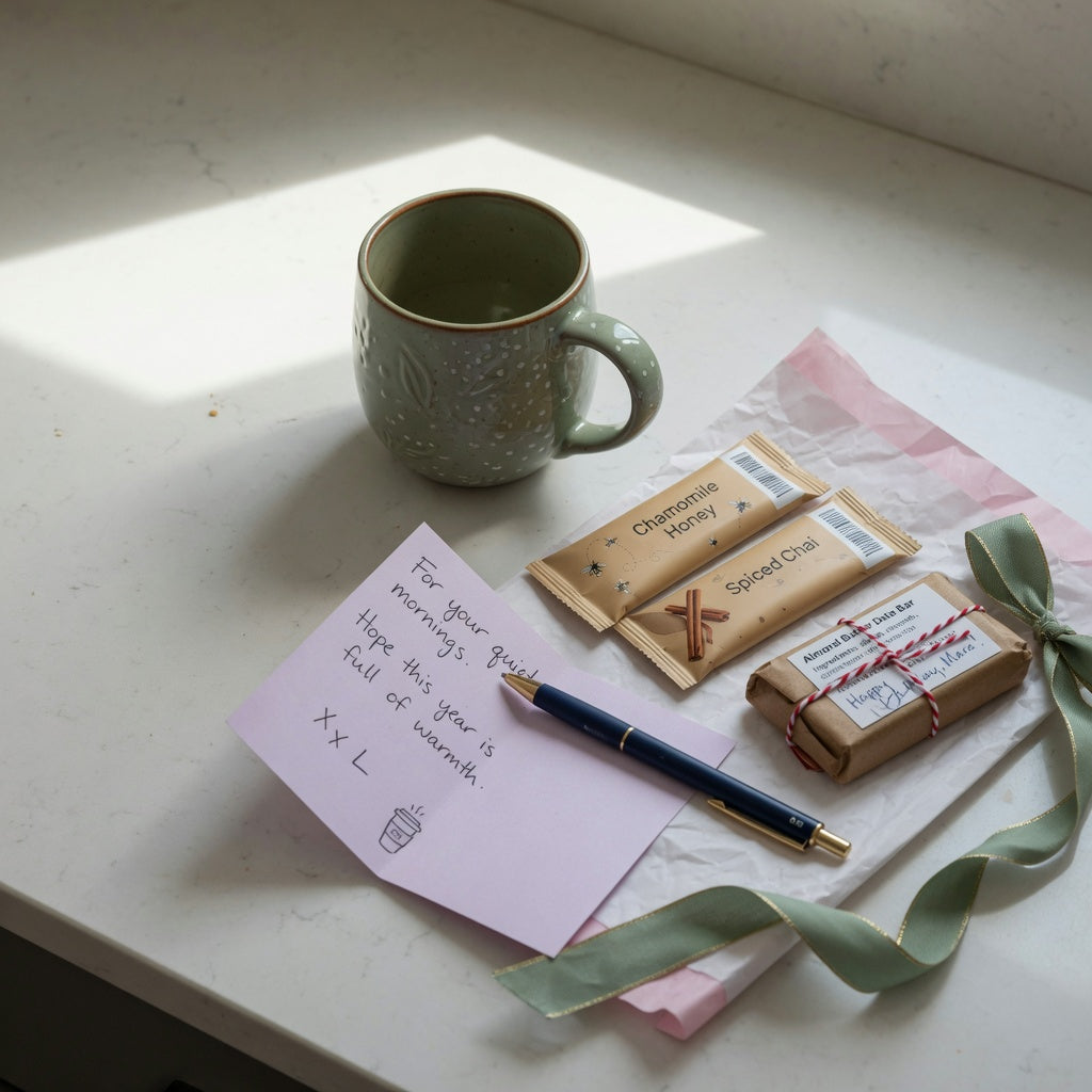 Filled coffee mug gift ideas birthday setup with a ceramic mug, sealed treats, stationery, tissue paper, and a gift note