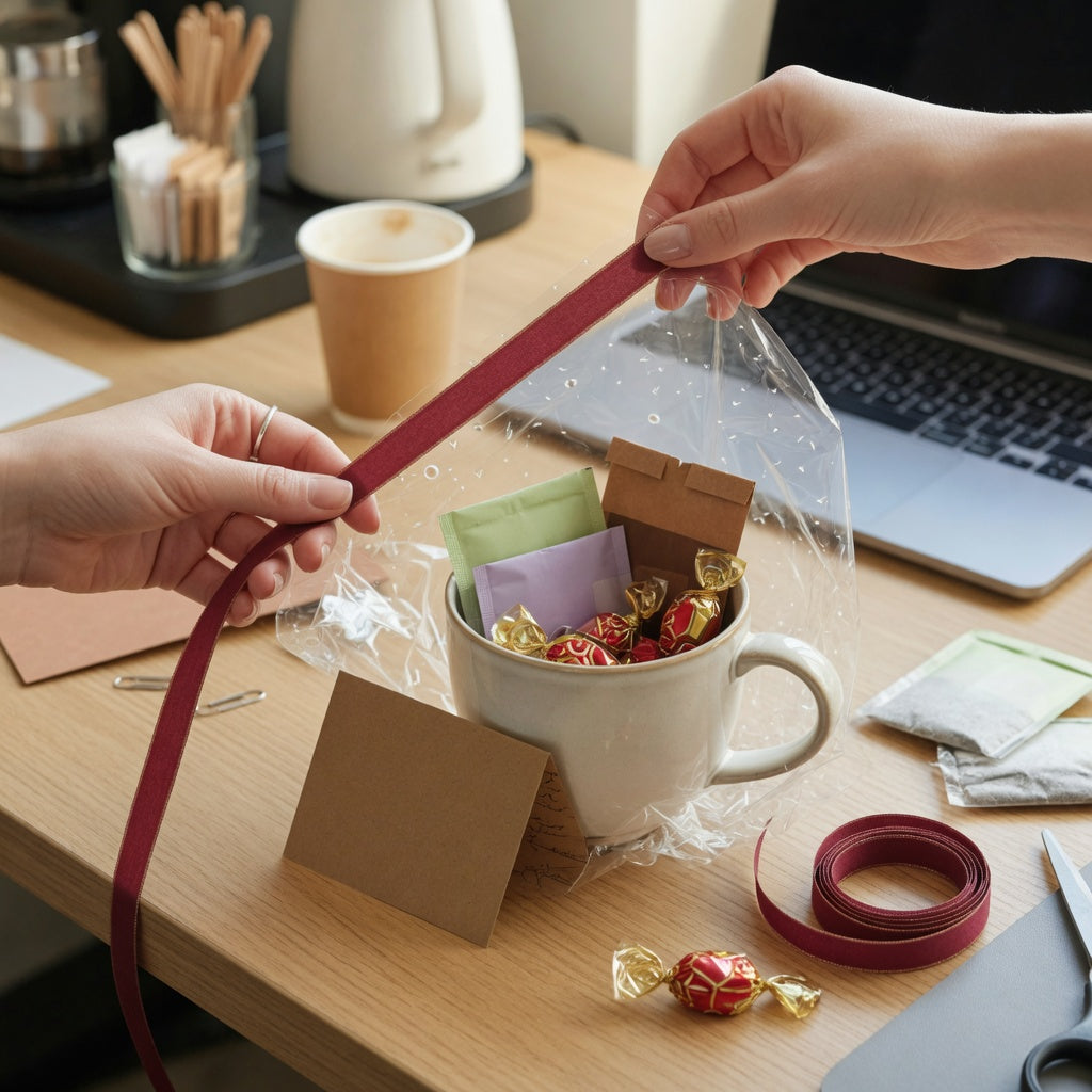 Hands assembling filled mug gift ideas for coworkers with sealed tea, cocoa, wrapped candy, and a kraft card on an office desk