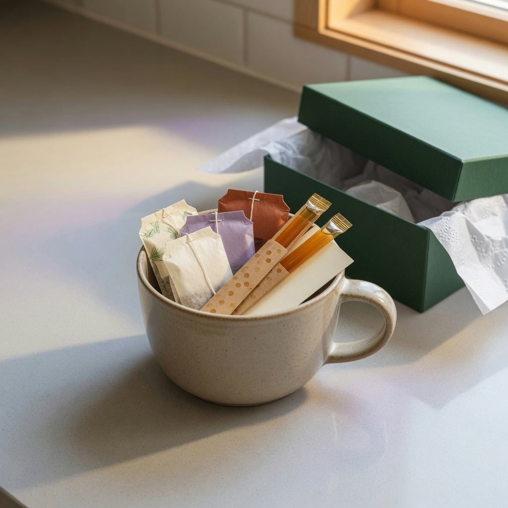 Practical filled tea mug gift ideas arranged with a large ceramic mug, wrapped tea bags, sealed honey sticks, and a brew card
