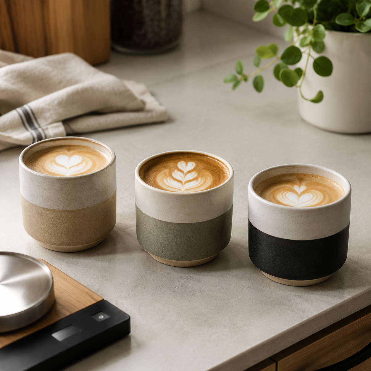 Three ceramic flat white cup options showing different capacities and headroom on a kitchen counter