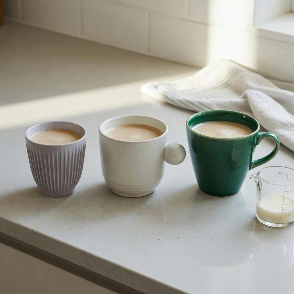 Flat white cup current product facts comparison of Pleated 200 ml, Ball Handled 250 ml, and Emerald 270 ml cups