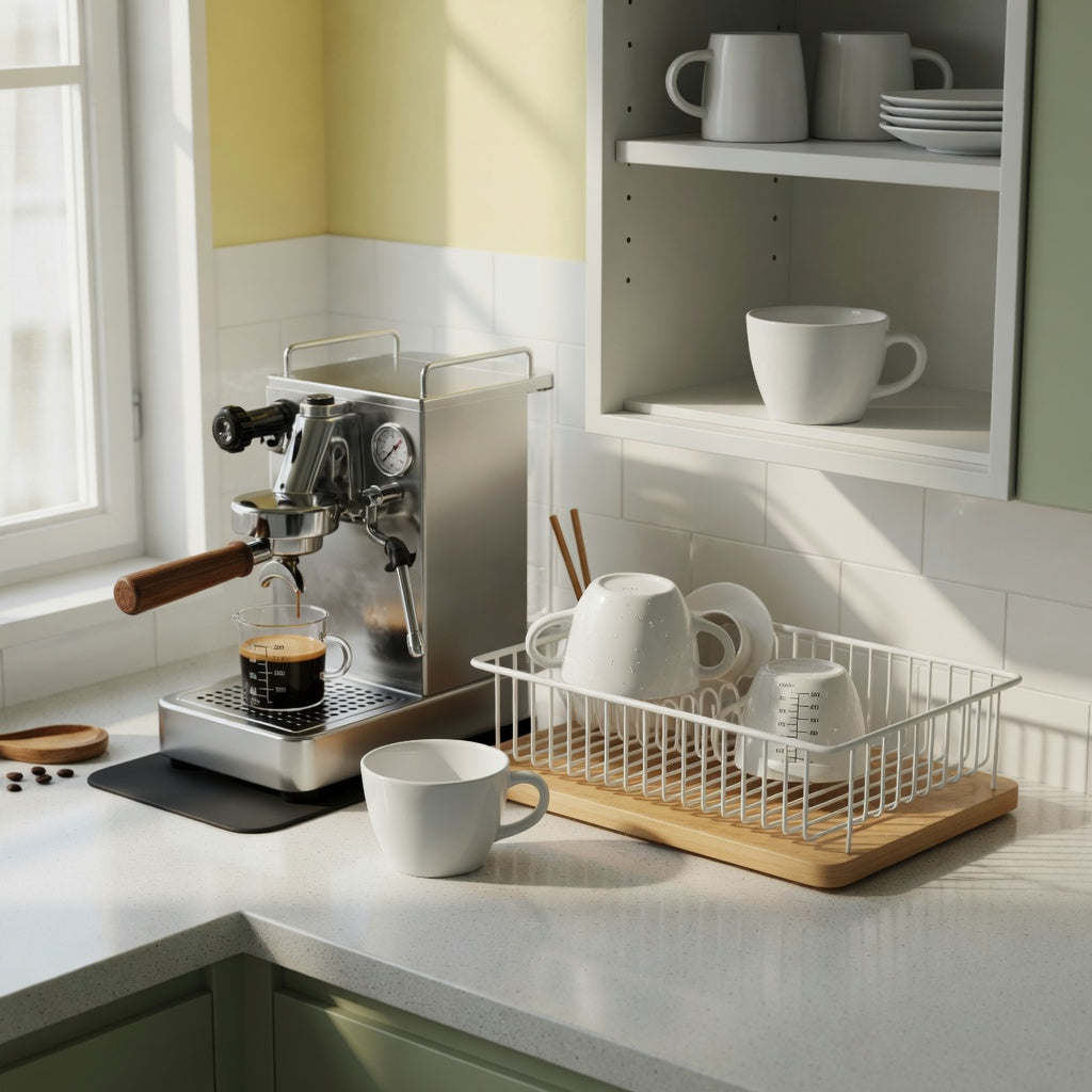 Flat white cup everyday mug rotation practical purchase checklist showing 200 ml, 250 ml, and 270 ml cup options in a kitchen