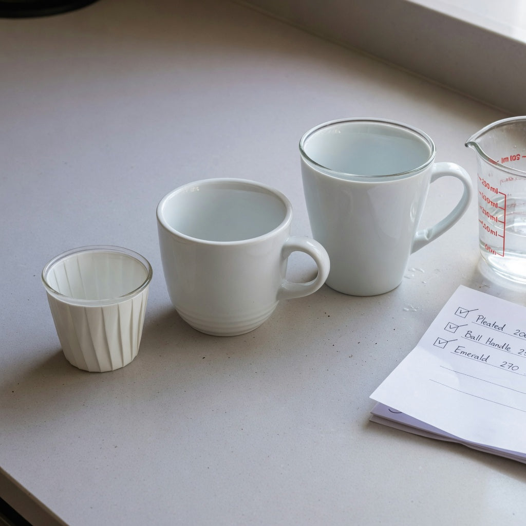 flat white cup first time buyer practical purchase checklist comparing 200 ml, 250 ml and 270 ml cups on a kitchen counter