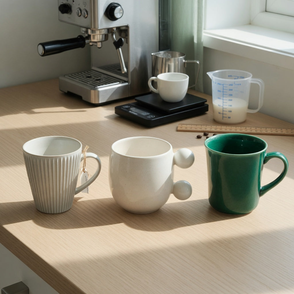 Flat white cup home coffee station practical purchase checklist with 200 ml, 250 ml, and 270 ml cups beside a measuring jug