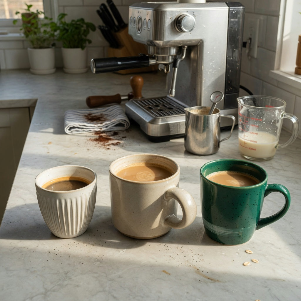 flat white cup home coffee station product shortlist guide showing 200 ml, 250 ml and 270 ml cups beside an espresso setup