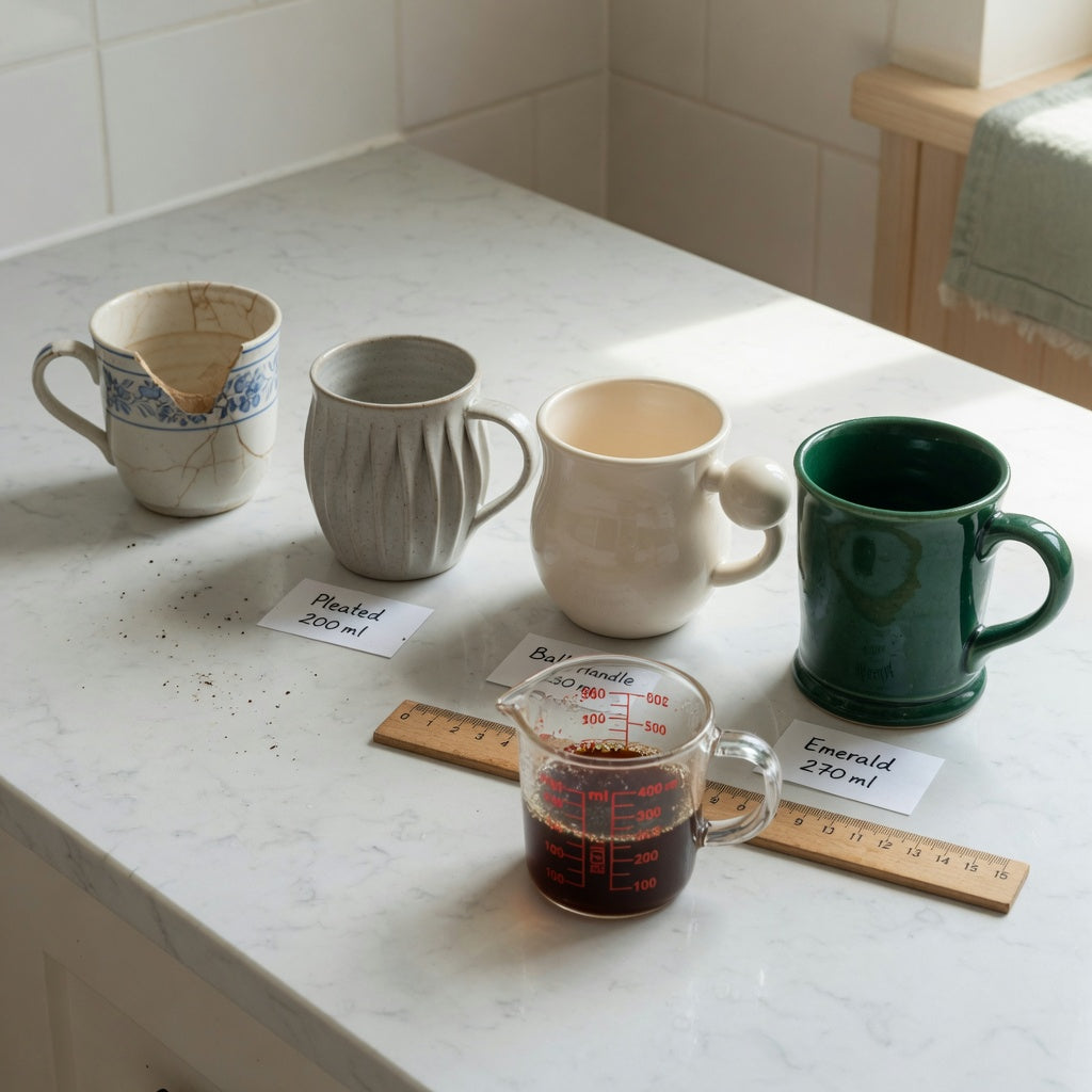 Flat white cup replacement purchase practical purchase checklist comparing 200 ml, 250 ml, and 270 ml cups on a kitchen counter
