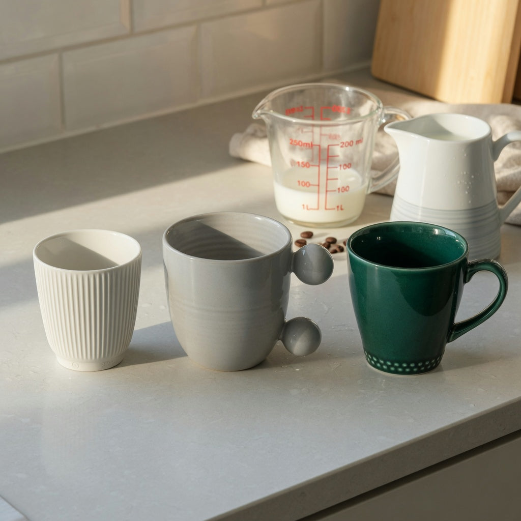 Three current cups shown for a flat white cup size decision guide: Pleated 200 ml, Ball Handle 250 ml and Emerald 270 ml
