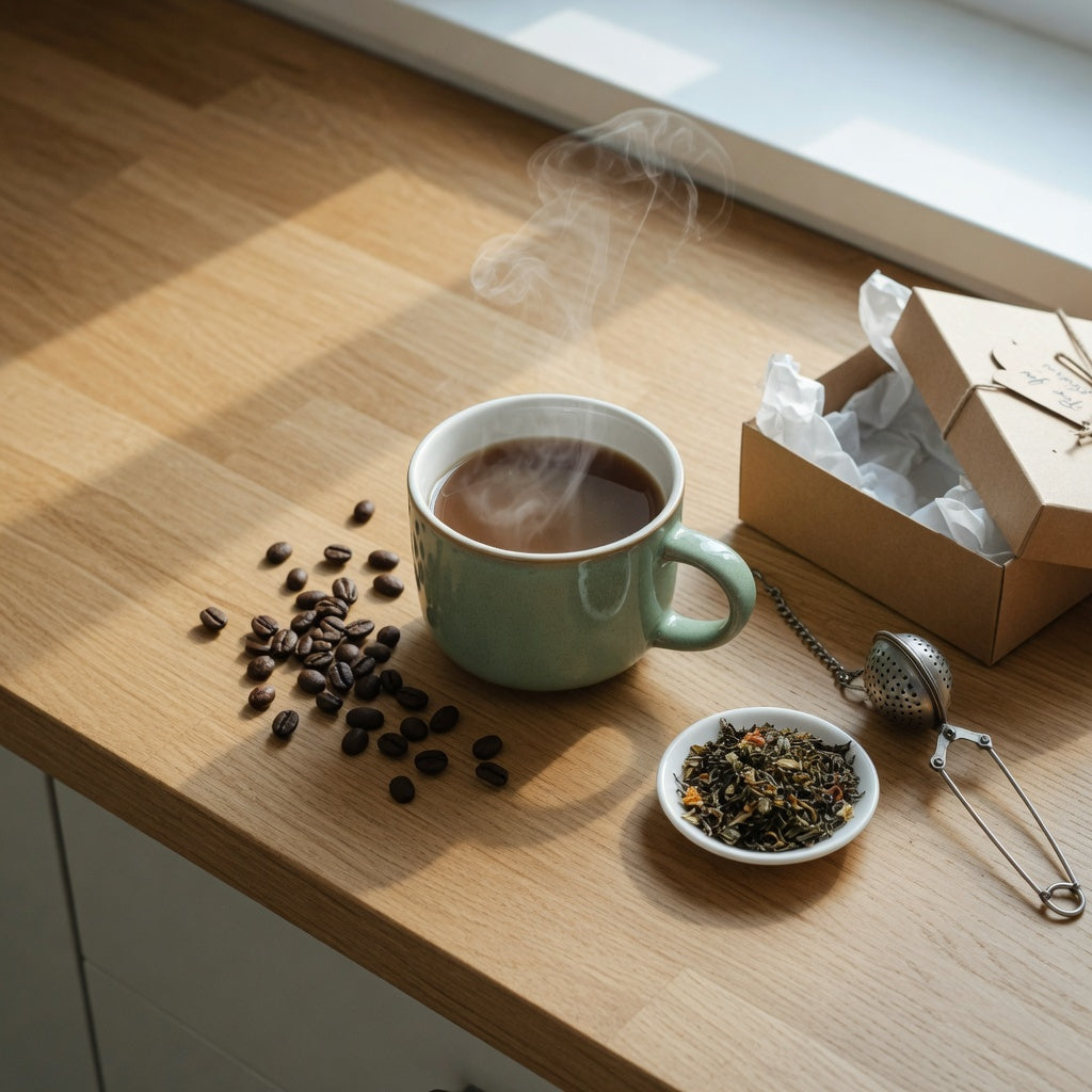 Flow ceramic coffee and tea mug gift on a kitchen counter beside coffee beans, loose-leaf tea, a mesh infuser, and a tissue-lined gift box