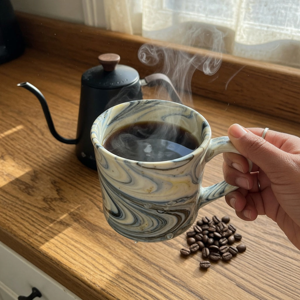 Flow ceramic coffee tea mug for coffee lovers with a hand-applied swirl glaze, filled with steaming coffee on a kitchen counter