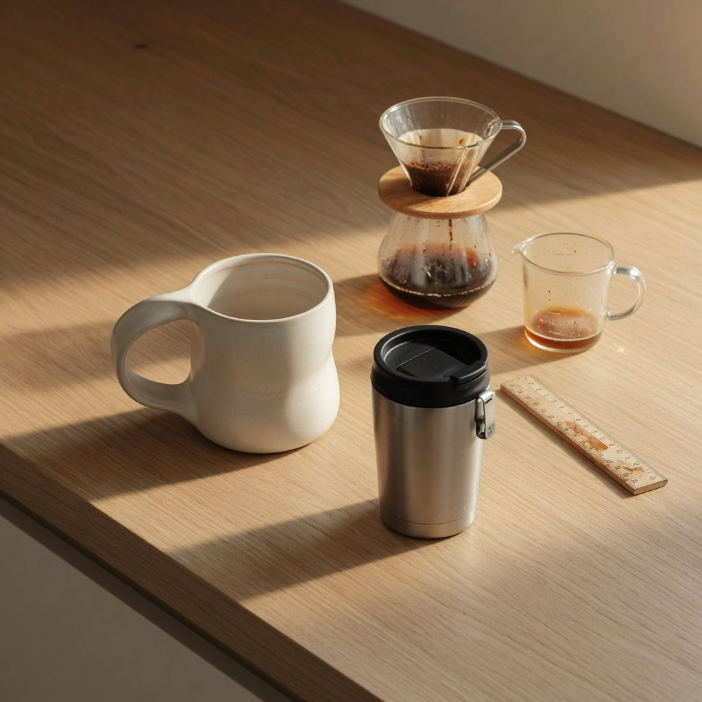 A flow coffee mug for coffee lovers beside a lidded travel mug on a kitchen coffee counter