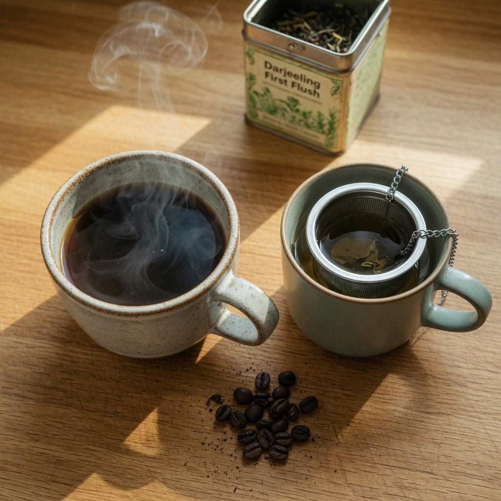 Flow coffee mug vs tea mug comparison showing rim thickness, steam, and an infuser basket on a wooden kitchen counter